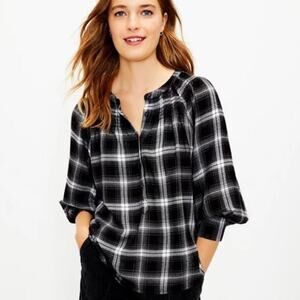 LOFT Black & White Plaid Peasant Blouse (L)